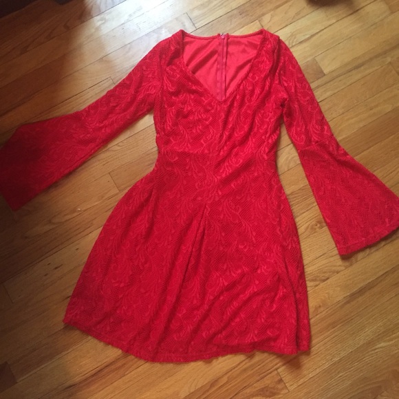 Red Lace Dress with bell sleeves - Picture 3 of 5